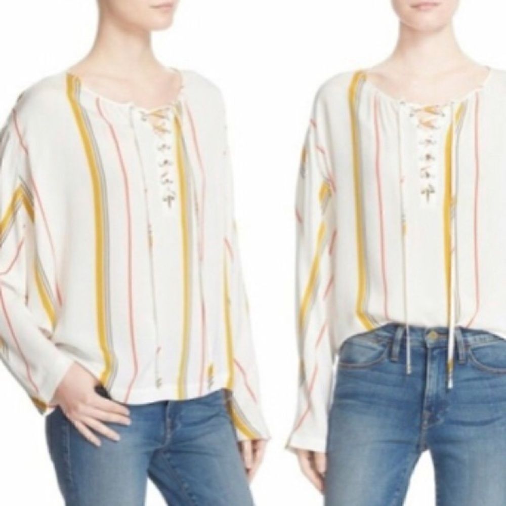 Frame Saffron Summer Stripe White Silk Blend Lace Up Blouse